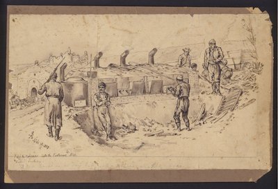 Veldkeuken in de vesting van Nis, Servië, Servisch-Bulgaarse Oorlog, 28 november 1885 (tekening) door English School