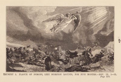 Vijfde engel die een plaag van demonen brengt, als schorpioen sprinkhanen, gedurende vijf maanden (gravure) door English School