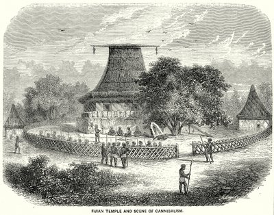 Fijische tempel en scène van kannibalisme (gravure) door English School