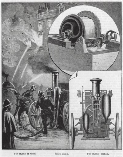 Brandweerwagen aan het werk, schepradpomp, brandweerwagen, doorsnede (gravure) door English School