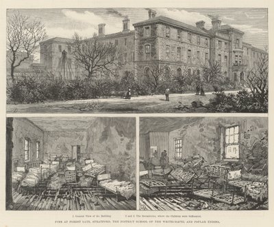 Brand in Forest Gate, Stratford, de districts school van de Whitechapel en Poplar Unions door English School