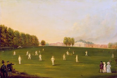 Eerste Grote Cricketwedstrijd gespeeld door leden van de Royal Amateur Society op Hampton Court Green, 3 augustus 1836 door English School