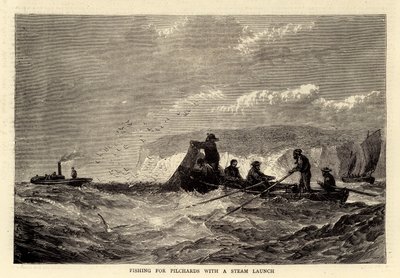 Vissen op pelserijen met een stoomboot (gravure) door English School