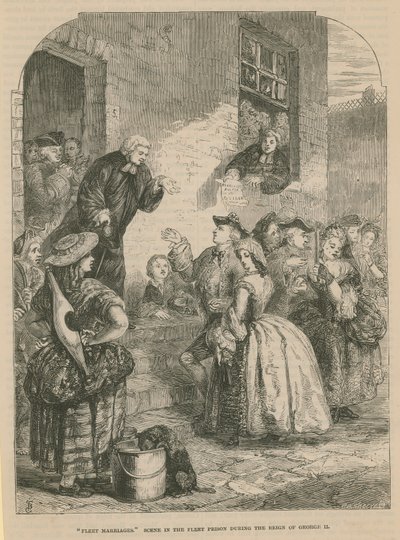 Fleet Huwelijken; scène in de Fleet Prison tijdens het bewind van Koning George II door English School