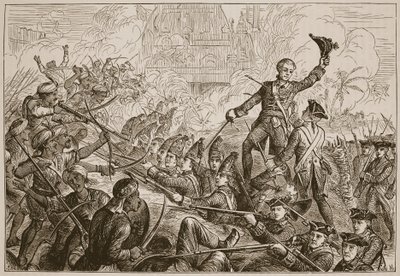 Fletchers verdediging van het redoubt bij Tanjore, illustratie uit Cassells Geïllustreerde Geschiedenis van India door James Grant, uitgegeven 1879 door English School