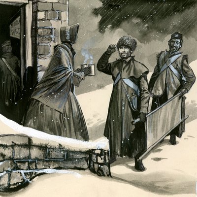 Florence Nightingale begroet soldaten in de sneeuw door English School