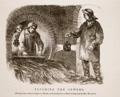 Het doorspoelen van de riolen, deels van de daguerreotypie door Richard Beard en deels van een schets vriendelijk geleend door Mr. Whiting, illustratie uit London Labour and London Poor door Henry Mayhew, uitgegeven 1862 door English School