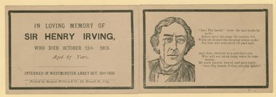 Vouwkaart ter herdenking van het overlijden van Sir Henry Irving, acteur, die stierf op 13 oktober 1905 door English School