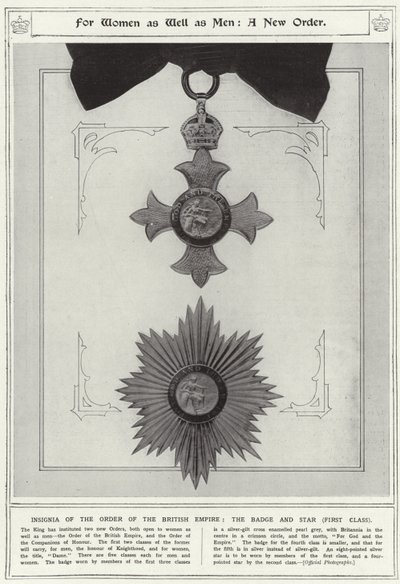 Voor vrouwen en mannen, een nieuwe orde, insignes van de Orde van het Britse Rijk, de badge en ster, eerste klasse door English School