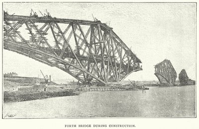 Forth Bridge tijdens de bouw (gravure) door English School