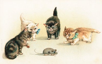 Vier kittens die met een mechanische muis spelen door English School