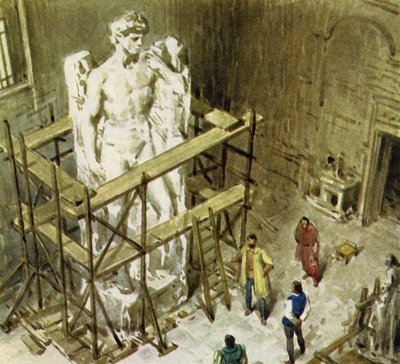 Uit een enorm blok marmer creëerde Michaelangelo David (kleurenlitho) door English School