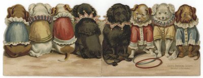 Voor- en achterkant van een kaart met honden in circus kostuums door English School