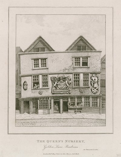 Voorkant van het Fortune theater, zoals het eruitzag in 1800 nadat het in een winkel was veranderd door English School