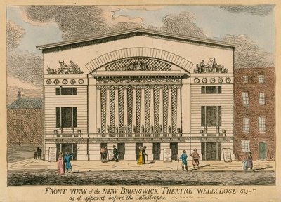 Vooraanzichten van het nieuwe Brunswick Theater, Wellclose Square, Londen, zoals het eruitzag voor de catastrofe door English School