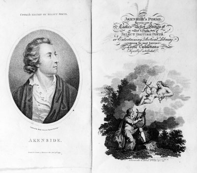 Frontispice en titelpagina voor Akensides Gedichten uit Cookes Pocket Edition of Select British Poets, gepubliceerd in 1799 door English School