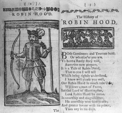 Frontispice en openingsregels van De Geschiedenis van Robin Hood door English School