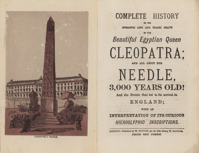 Frontispice en titelpagina voor Complete geschiedenis van het romantische leven en de tragische dood van de mooie Egyptische koningin Cleopatra door English School