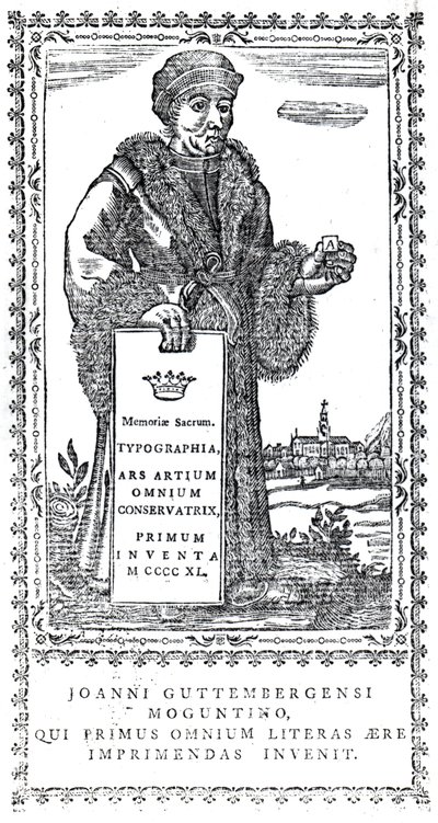 Frontispice van Johannes Gutenberg uit Een Beknopte Geschiedenis van de Oorsprong en Voortgang van de Drukkunst door Philip Luckombe, gepubliceerd in 1770 door English School