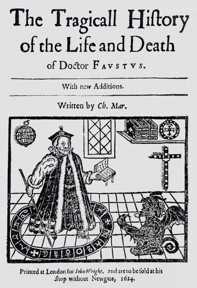 Frontispice van The Tragicall History of the Life and Death of Doctor Faustus, door Christopher Marklin, c.1616 door English School