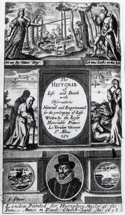 Frontispice van Francis Bacons The History of Life and Death, gepubliceerd in 1638 door English School