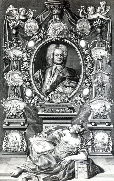 Frontispice voor Maritieme Geschiedenis van Engeland door Thomas Lediard, gepubliceerd in 1735 door English School