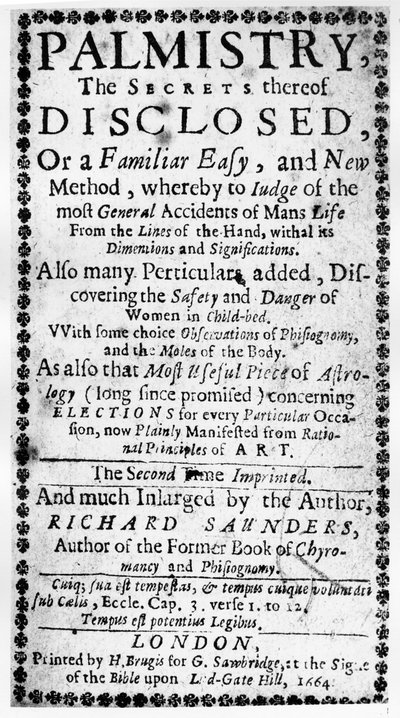 Frontispice voor Palmistry, the Secrets thereof Disclosed door Richard Saunders, 1664 door English School