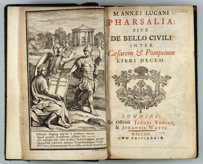Frontispice van Pharsalia of De burgeroorlog tussen Caesar en Pompeius door Marcus Annaeus Lucan (AD 39-65) gegraveerd door J. Cole, 1719 door English School