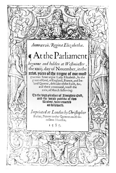 Frontispice van een verslag van het parlement van koningin Elizabeth gehouden tussen 23 november 1584 en 24 maart 1585, gedrukt door Christopher Barker, 1585 door English School