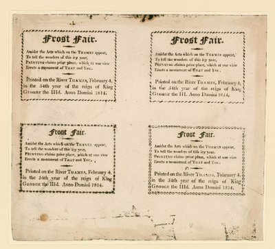Frost Fair van 1814. Souvenirs gedrukt op het ijs door English School