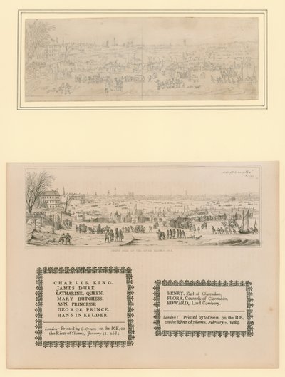 Frost Fair op de Theems, Gedrukt Souvenir voor Koning Charles II en Familie, 1684 door English School