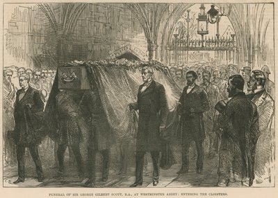 Begrafenis van wijlen Sir George Gilbert Scott, RA, in Westminster Abbey, het binnengaan van de kloosters door English School