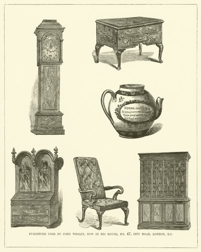 Meubilair gebruikt door John Wesley, nu in zijn huis, nr. 47, City Road, Londen, EC (gravure) door English School