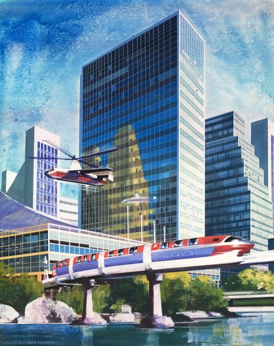 Futuristische monorail en helikopter door English School