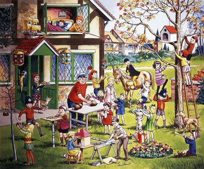 Tafereel in de tuin met kinderen (met verborgen objecten) door English School