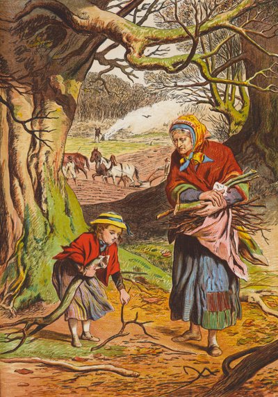 Brandhout verzamelen (kleurenlitho) door English School