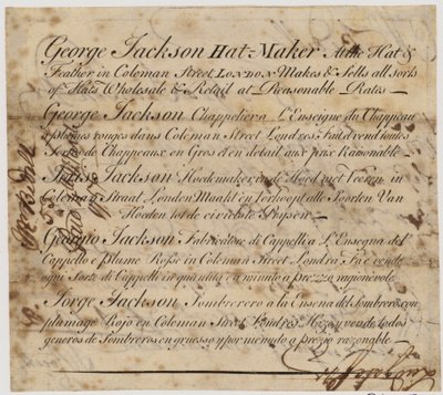 George Jackson, hoedenmaker, Coleman Street, Londen door English School