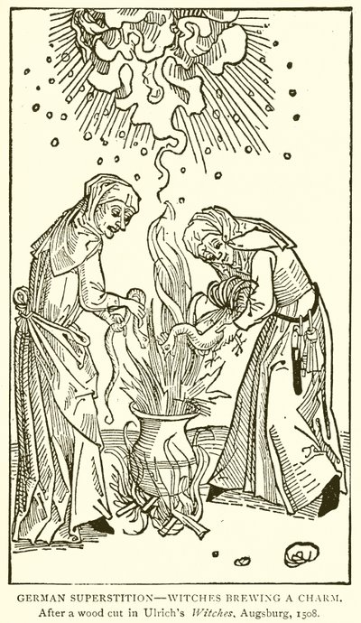Duitse bijgeloof--Heksen brouwen een toverdrank. Na een houtsnede in Ulrichs Heksen, Augsburg, 1508 door English School