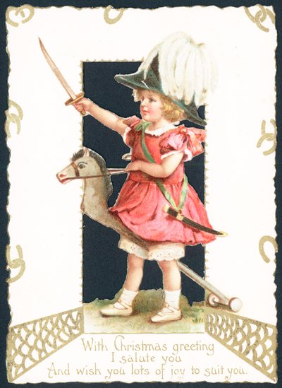 Meisje op hobbelpaard, kerstkaart door English School