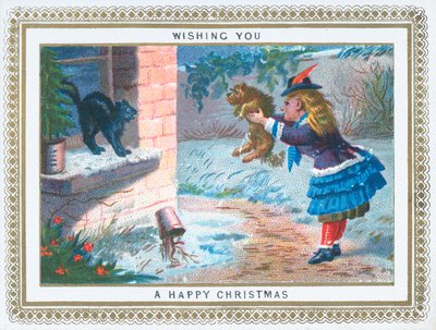 Meisje plaagt kat met hond, kerstkaart door English School
