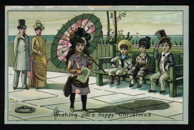Meisje met een grote parasol wandelend langs een boulevard aan zee, kerstwenskaart door English School