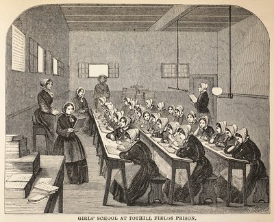 Meisjesschool in Tothill Fields Prison, illustratie uit The Criminal Prisons of London and Scenes from Prison Life door Henry Mayhew en John Binny, uitgegeven in 1862 door English School