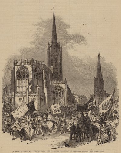Godiva-processie op de Coventry-kermis, de processie die zich vormt bij de St. Michael
