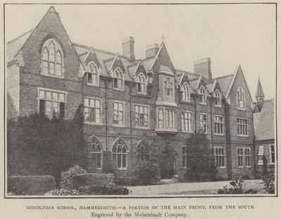Godolphin School, Hammersmith, een deel van de voorgevel, vanaf het zuiden (gravure) door English School