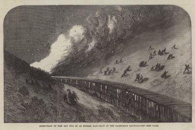 Goederentrein in brand aangereden door een expresposttrein op de Caledonian Railway (gravure) door English School