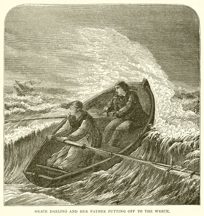 Grace Darling en haar vader vertrekken naar het wrak door English School