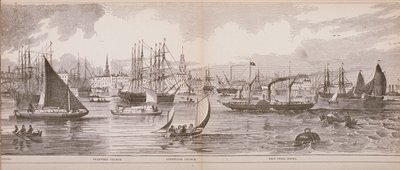 Groot Panorama van Londen, vanaf de rivier de Theems kijkend naar Shadwell, East India Docks en Limehouse, 1849 (houtsnede) door English School
