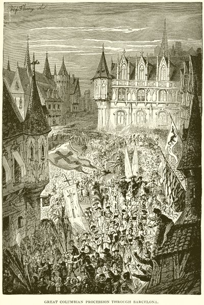 Grote Columbian Processie door Barcelona door English School