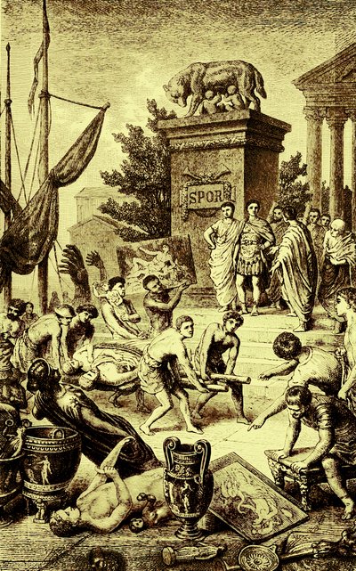 Griekse cultuur - standbeelden en kunstwerken naar Rome gebracht, illustratie uit The Illustrated History of the World, gepubliceerd ca. 1880 door English School