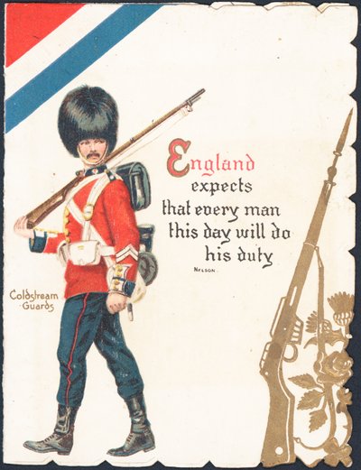 Wenskaart met een soldaat van de Coldstream Guards door English School